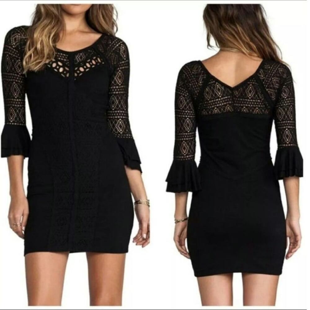Free People City Girl Sz L Black Crochet Bodice Bodycon Dress LBD Summer